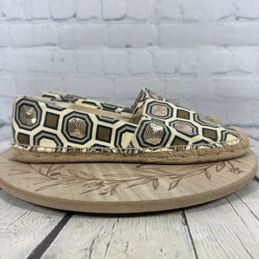 Tory Burch Espadrille Flats Size 11 Blue Gold Geometric Sequin Canvas Slip On